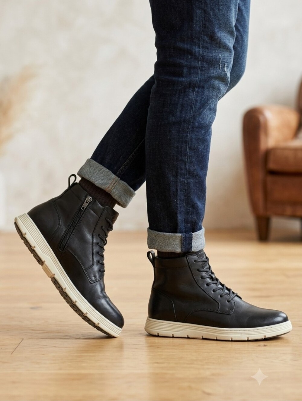 Crevo Men's Black Leather Lace-Up Casual Boots